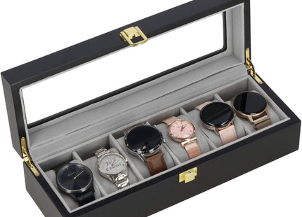 Horlogedoos - Horlogebox - Horlogeopberger - Suède - Zwart - Grijs - Goud  - 6 Horloges