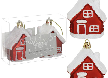 Kersthanger | Huis | Kerstboomhanger | Wit | Rood | Glitters | Kunststof | 7 cm | 2 Stuks