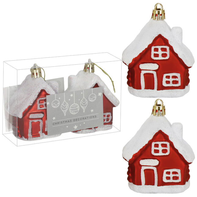 Kersthanger | Huis | Kerstboomhanger | Wit | Rood | Glitters | Kunststof | 7 cm | 2 Stuks
