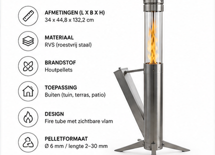Muntel® Pellet Terras Heater - Terrasverwarmer - Outdoor - Heater - Fire Tube - Pallet - RVS - 34x 44.8x 132.2Cm