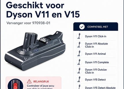 SQOON® Accu geschikt voor Dyson V11 / V15 stofzuiger - 25,2V 4,0Ah Li-ion click - gelijk aan 970938-01 - voor modellen met rode knop