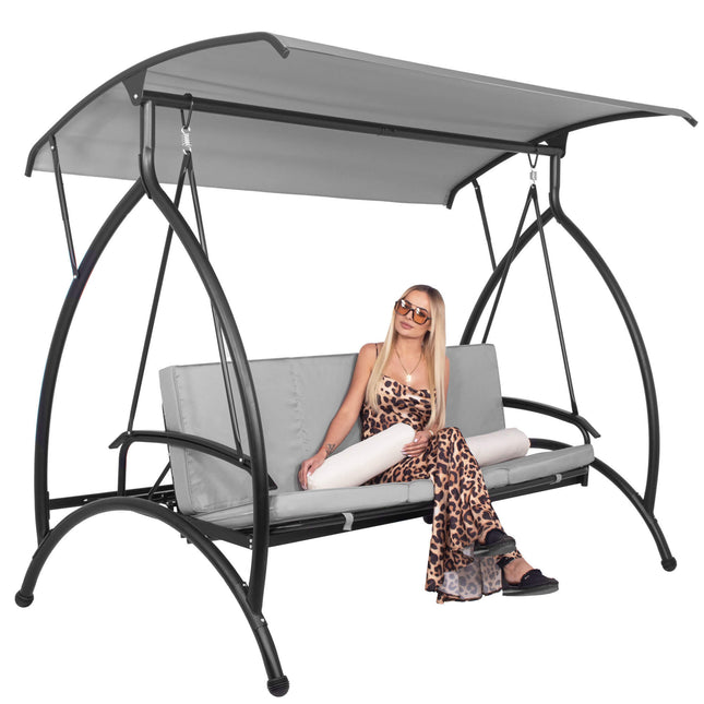 Schommelbank | Linda-Schommel | 3-zits | Waterafstotend | Inclusief 2 Kussens | Verstelbare Luifel | 136 x 230 x 190 cm | Grijs