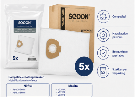 SQOON® Stofzuigerzakken Geschikt voor Nilfisk Alto / WAP / KEW AERO 20/25 & Makita VC2010 / VC2512 / VC3011 - 5 Stuks
