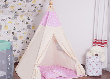 Tipi Tent | Wigwam Speeltent | 120x100x180 cm | Met Mat en Kussens | Naturel Roze | Stippen