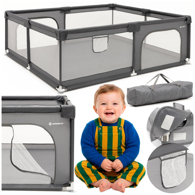 Kinderbox - Grondbox - Speelbox - Inklapbaar - Opvouwbaar -  Antislip -Grijs - 180x150x66 cm