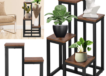 Plantenrek | Plantenstandaard | Plantentrap | 4 Niveaus | Metaal | Hout | Zwart | Donkerbruin