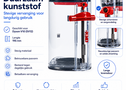 SQOON® Stofreservoir geschikt voor Dyson V10/SV12 - Gelijk aan model: 969509-01 - Groot formaat 195 mm - Ideale vervanging voor versleten opvangbak