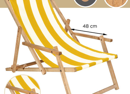Ligbed | Strandstoel | Ligstoel | Verstelbaar | Arm Leuning | Beukenhout | Geïmpregneerd | Handgemaakt | Geel Wit