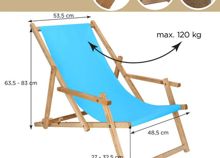 Ligbed | Strandstoel | Ligstoel | Verstelbaar | Arm Leuning | Beukenhout | Geïmpregneerd | Handgemaakt | Blauw