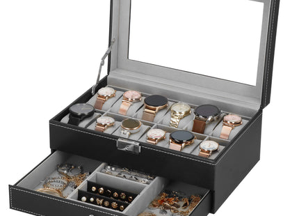Horlogedoos -Sieradendoos - Horlogebox - Horlogeopberger - Zwart - 12 Horloges - 30x20x13 Cm