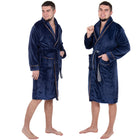 Badjas - Fleece - Marineblauw - Grijstint - Capuchon - Riem - Maat L/XL