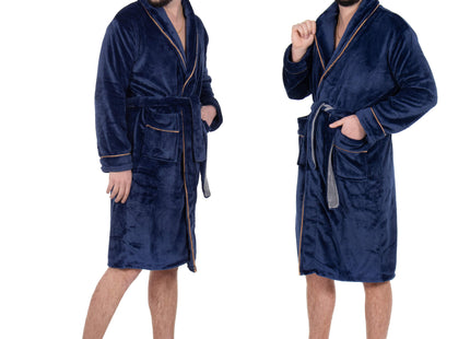 Badjas - Fleece - Marineblauw - Grijstint - Capuchon - Riem - Maat L/XL