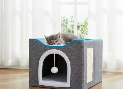 Kattenmand - Kattenhuis - Bed - Kussen - Krabpaal - 42 x 41 x 34 cm - Grijs - Blauw