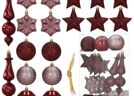 Kerstballen | 18 Stuks | Paars |  Bordeauxrood | Mat | Glanzend | Glitter