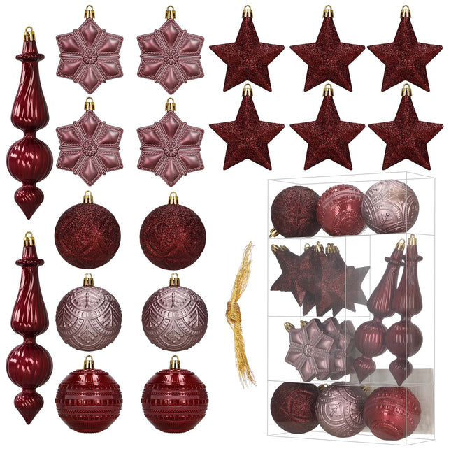 Kerstballen | 18 Stuks | Paars |  Bordeauxrood | Mat | Glanzend | Glitter