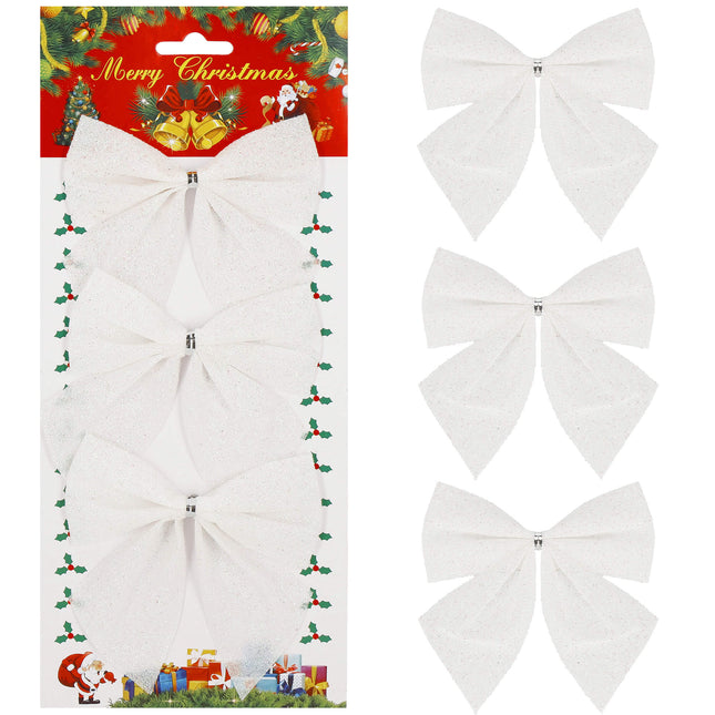 Kerstboomhanger | Strik | Wit | Glitter | 3 Stuks | 11 Cm