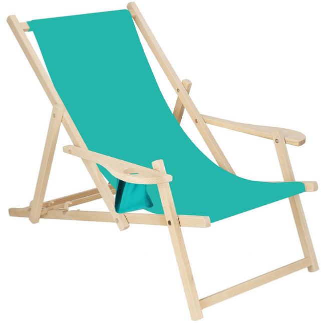 Ligbed | Strandstoel | Ligstoel | Verstelbaar | Armleuningen | Beukenhout | Handgemaakt | Turquoise