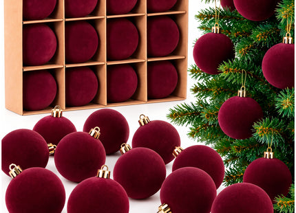 Kerstballen 12 Stuks – Bordeauxrood – Fluwelen Kerstboomversiering – Onbreekbare Kerstballen 5,5 cm – Inclusief Ophangkoorden