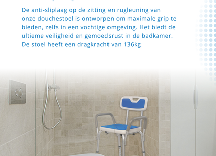 Douchestoel - Afneembare Arm & Rug Leuning - Hoogte Verstelbaar - Antislip - Extra Stevig - Super Licht