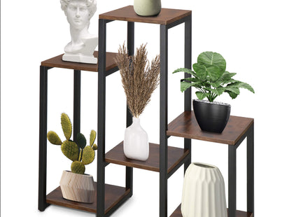 Plantenrek | Plantenstandaard | Plantentrap | 6 Niveaus | Metaal | Hout | Zwart | Donkerbruin