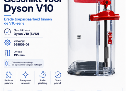SQOON® Stofreservoir geschikt voor Dyson V10/SV12 - Gelijk aan model: 969509-01 - Groot formaat 195 mm - Ideale vervanging voor versleten opvangbak