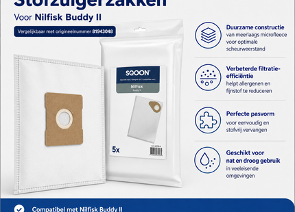 SQOON® Stofzuigerzakken  Geschikt voor Nilfisk Buddy II - Vervangt 81943048 - High Filtration - Voor Industrieel Gebruik