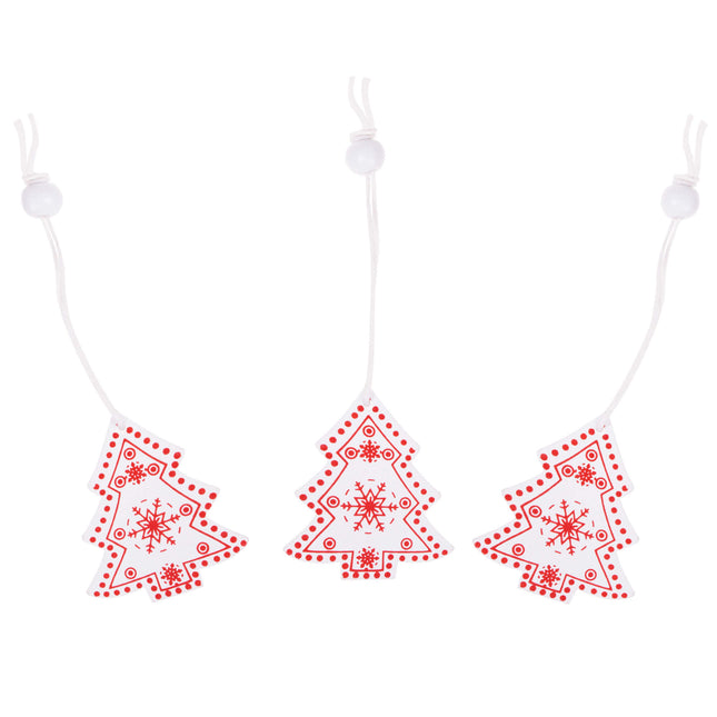 Kersthanger | Kerstbomen | Rood/Wit | Hout | 5 cm | 3 Stuks