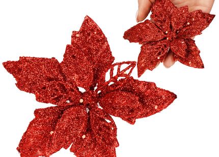 Kunstbloem - Ster van Bethlehem - Kunststof - Rood - Glitters - 13 cm