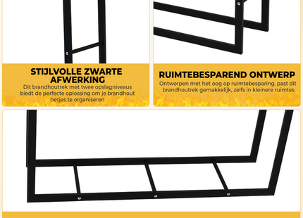 Brandhout Rek -  Opbergniveaus - Haardhout -  Metaal - Zwart - 25 x 60  x 100 Cm