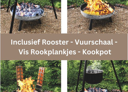 Muntel® BBQ Tripod - Driepoot -Inclusief Pot - Inclusief Rooster - Inclusief Vis Rookplankjes - Inclusief Vuurschaal - 65 x 180 cm