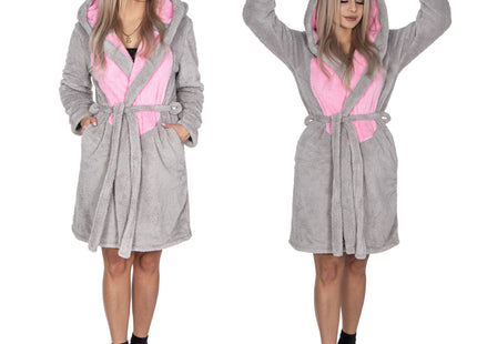 Badjas - Fleece - Konijn - Lichtgrijs - Capuchon - Riem - Maat S/M