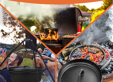 Dutch Oven - Gietijzer - Bakpan - Kookpan - 7,5 L - Multifunctioneel - Braadpan - 3 Delig - Draaggreep - Zwart