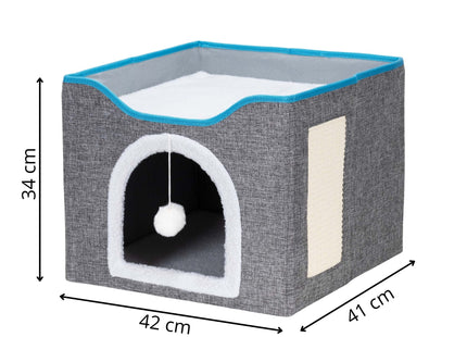 Kattenmand - Kattenhuis - Bed - Kussen - Krabpaal - 42 x 41 x 34 cm - Grijs - Blauw