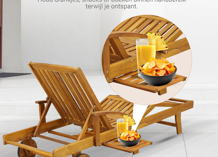 Houten Ligstoel - Ligbed -  Op Wielen -  Verstelbaar - Weersbestendig  - Uitschuiftafel - 193 x 70 x 30 Cm