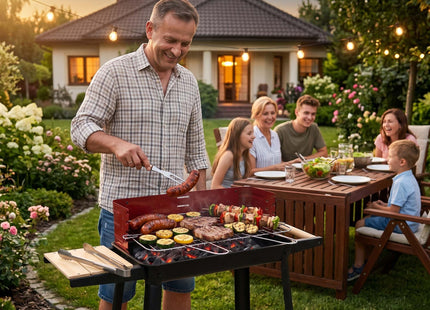 Houtskool barbecue -Op Wielen - BBQ - Asopvangbak - Kunststof - RVS - Zwart - Rood - Houtlook - 5 Standen