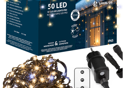 Lichtgordijn | IJspegel Verlichting | 50 LEDs | Warm wit + Koud wit flits | 2,5 M