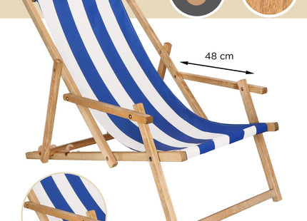Ligbed | Strandstoel | Ligstoel | Verstelbaar | Arm Leuning | Beukenhout | Geïmpregneerd | Handgemaakt | Blauw Wit