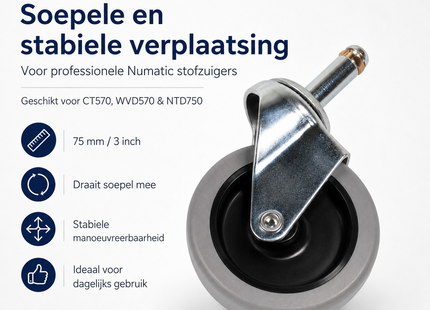 SQOON® Zwenkwiel 75 mm geschikt voor Numatic CT570, WVD570 & NTD750 – Vervanger voor 204060