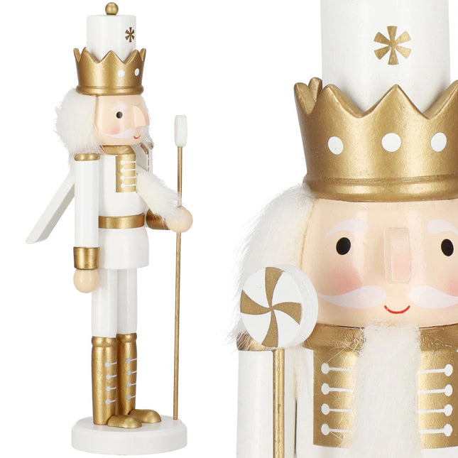 Notenkraker Kerst | Houten Soldaat | Kerstversiering | Goud/Wit | 30,5 cm