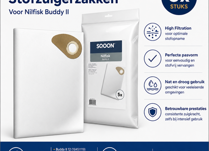 SQOON® Stofzuigerzakken  Geschikt voor Nilfisk Buddy II - Vervangt 81943048 - High Filtration - Voor Industrieel Gebruik