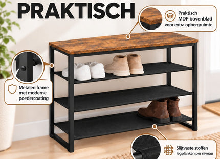 Muntel® Schoenenrek - 3 Planken - Metalen Frame - MDF Bovenblad - 77 x 31 x 65 cm