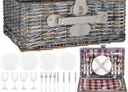 Picknickmand -  Servies - 4 Persoons - Thermisch - Riet - Grijs - 42 x 27 x 20 cm