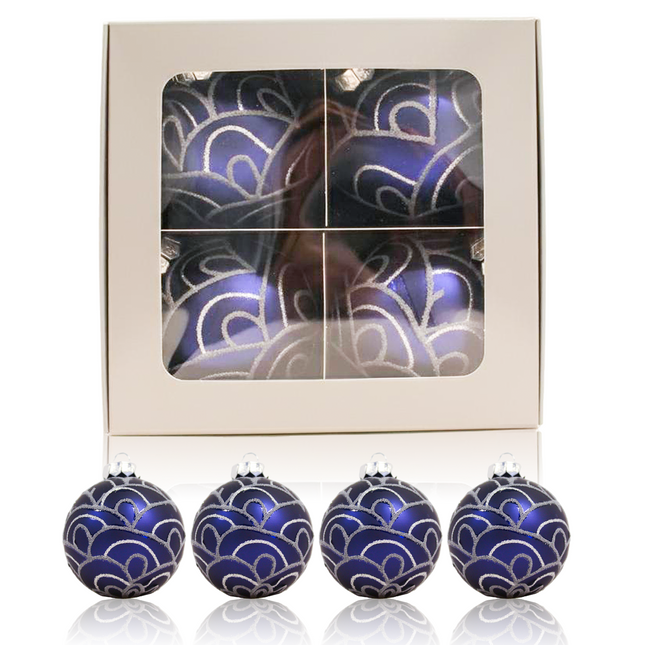 Kerstballen Glas | 4 Stuks | Glas | Donkerblauw | Zilver | Ø 75 mm