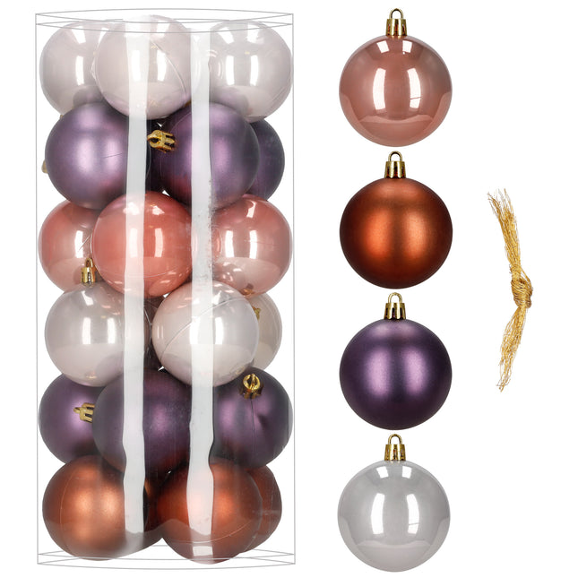 Kerstballen | 24 Stuks | 6,5 cm | Paars | Bruin | Parelmoer | Roségoud
