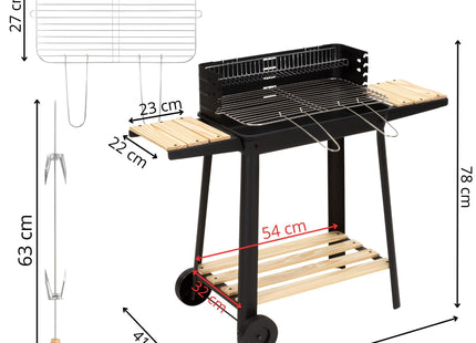 Houtskool barbecue -Op Wielen - BBQ - Asopvangbak - Kunststof - RVS - Zwart - Houtlook - 5 Standen