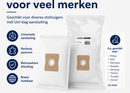 SQOON®  Stofzuigerzakken Basic  Geschikt voor UNI Bag (Inventum ST306 / ST307 / ST308, Sauber, Waves, Gamma) - High Filtration - 10 Stuks
