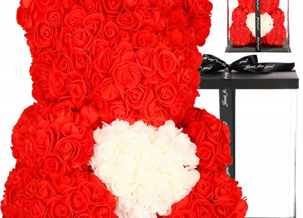 Rozen Beer | Rozenbeer | Rose Bear | Rozen Teddybeer | Liefde | Inclusief Giftbox | 36 x 26 x 26 cm | Rood / Wit