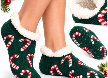 Kerstslippers – Donkergroen – Maat 37-41 – Warme Gevoerde Pantoffels met Antislip – Kerstmotief met Zuurstokken