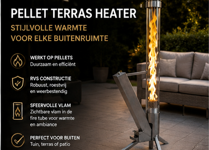 Muntel® Pellet Terras Heater - Terrasverwarmer - Outdoor - Heater - Fire Tube - Pallet - RVS - 34x 44.8x 132.2Cm