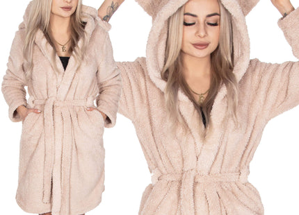 Badjas - Fleece - Teddybeer - Beige - Capuchon - Riem - Maat L/XL